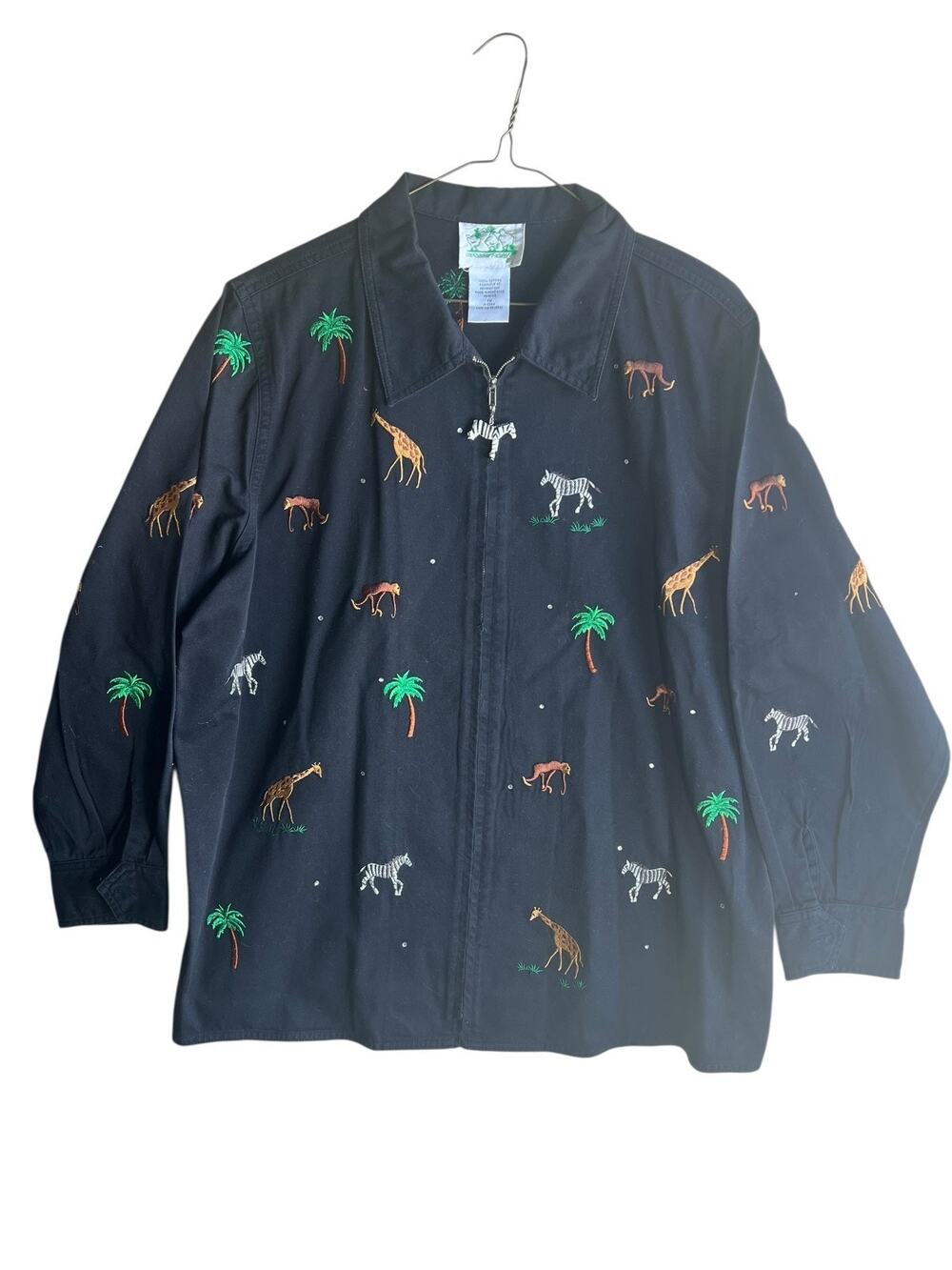 The Quacker Factory Safari Animals Embroidered Jacket Full Zip Plus Size 1X